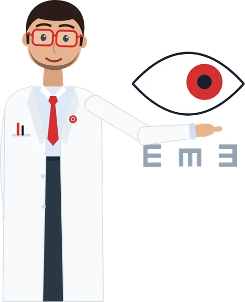Asaan Optics optician character presenting an eye and a tumbling E chart for the eye examination