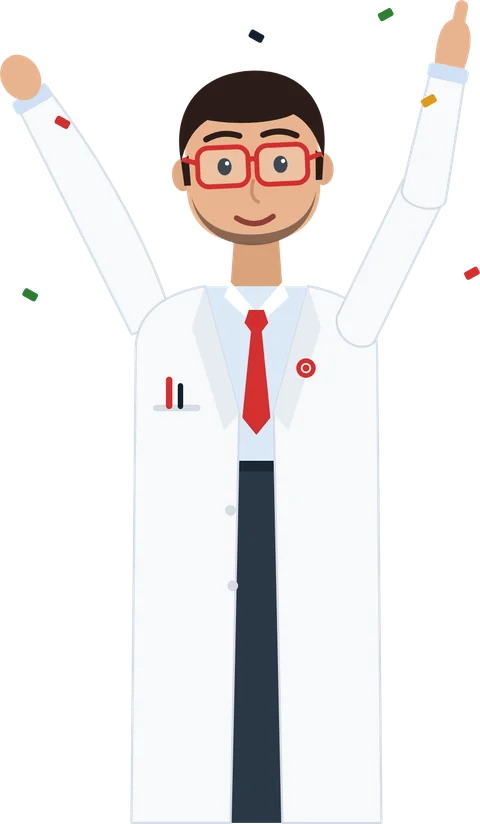 Asaan Optics optician character celebrating with both arms up