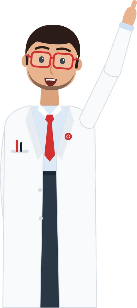 Asaan Optics optician character in a white coat and red glasses, waving hello