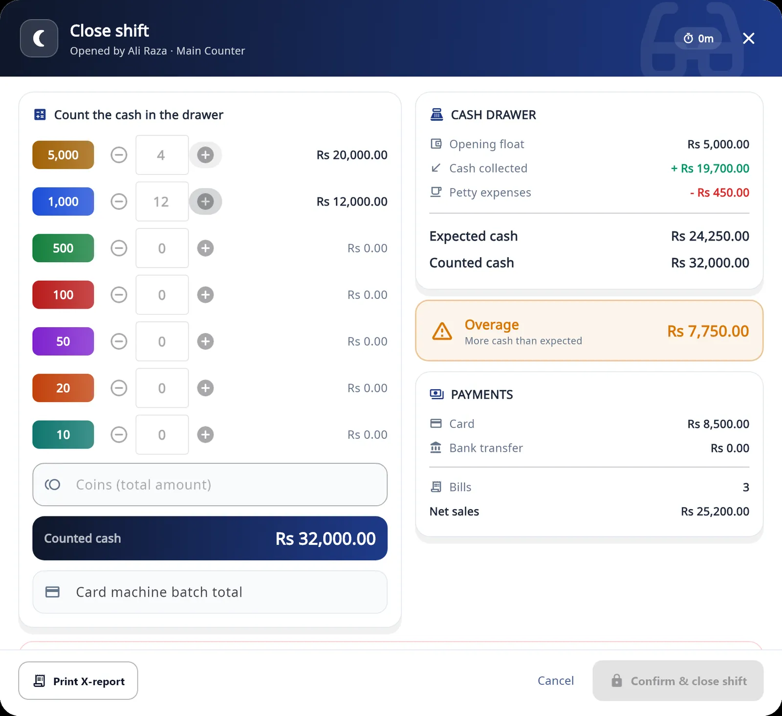 Close Shift screen in Asaan Optics desktop 6.6.0 with the drawer counted note by note and expected cash compared with counted cash