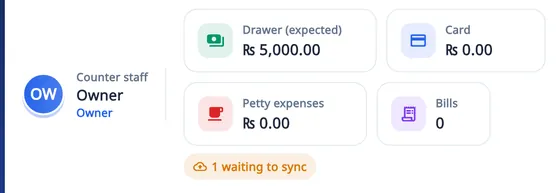Asaan Optics offline billing: shift card with Rs 5,000 in the drawer, card, petty expenses and bills, and the 1 waiting to sync notice