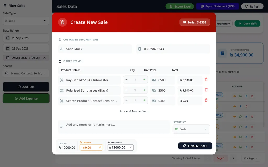 Asaan Optics point of sale for opticians: Create New Sale form with a Ray-Ban frame and polarised sunglasses, quantity, unit price, cash payment, discount and net payable