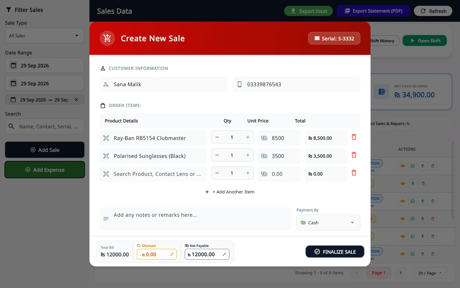 Asaan Optics point of sale for opticians: Create New Sale form with a Ray-Ban frame and polarised sunglasses, quantity, unit price, cash payment, discount and net payable