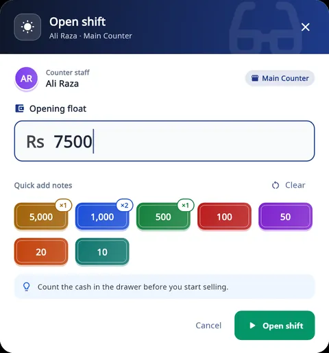 Asaan Optics cash drawer shift: Open shift dialog for Ali Raza at Main Counter with a Rs 7,500 opening float and quick-add banknotes