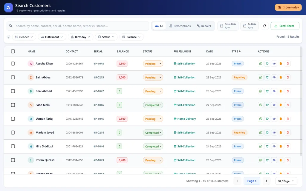 Asaan Optics optical customer management: Search Customers list of prescription and repair orders with balance, pending or completed status, fulfilment and Excel export