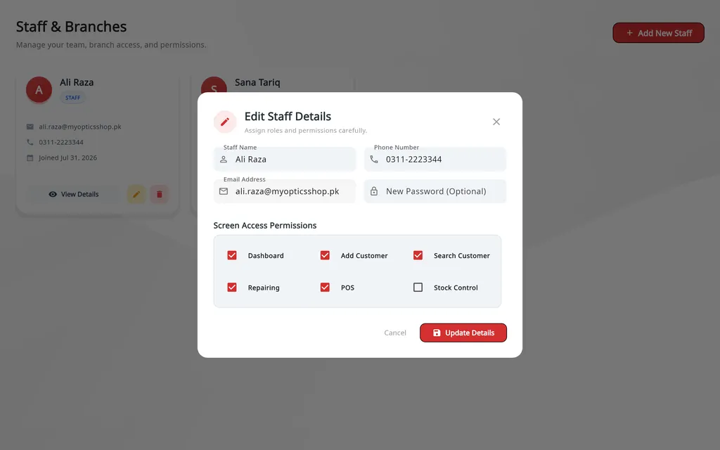 Asaan Optics staff permissions: Edit Staff Details for Ali Raza with screen access to Dashboard, Add Customer, Search Customer, Repairing and POS, Stock Control off