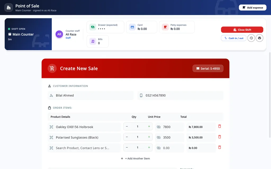 Asaan Optics staff POS login: Point of Sale for Ali Raza with an open shift, the expected drawer amount hidden, and a Create New Sale form