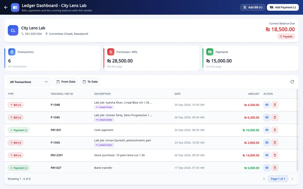 Asaan Optics vendor ledger for an optical lab: City Lens Lab bills from linked orders, payments and a current balance due of Rs 18,500