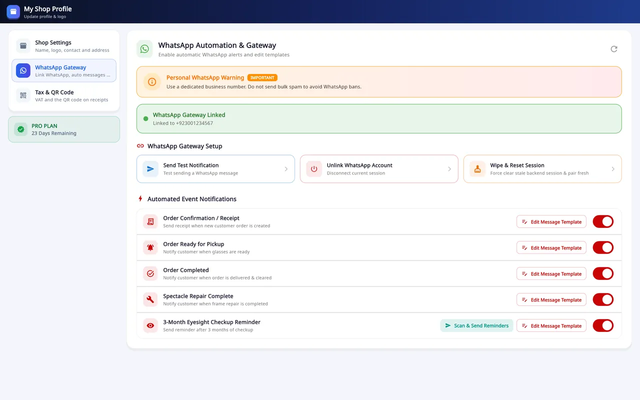 Asaan Optics WhatsApp automation for optical shops: gateway linked, with five automatic messages from order confirmation to the 3-month eye checkup reminder