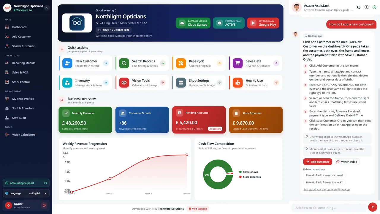 Asaan Optics AI Support help chat on Windows: the answer to How do I add a new customer with six steps, an Add customer button, Watch video and related questions