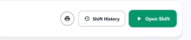 Detail of the shift bar: the round printer button, Shift History and Open Shift