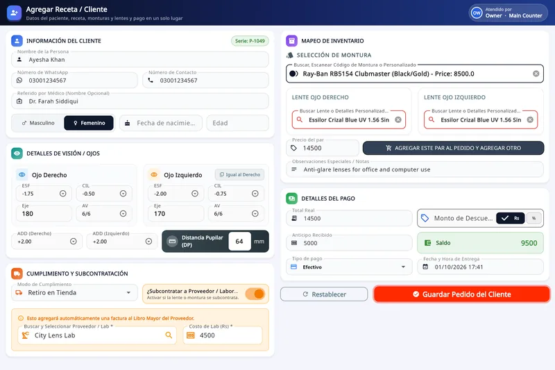 Asaan Optics, software para ópticas en Windows: pantalla Add Customer con SPH, CYL y AXIS del ojo derecho e izquierdo, montura y lente del stock, laboratorio externo y pago