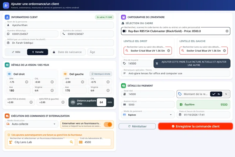 Asaan Optics, logiciel d’optique sous Windows : écran Add Customer avec SPH, CYL et AXIS œil droit et gauche, monture et verres du stock, sous-traitance au labo et paiement