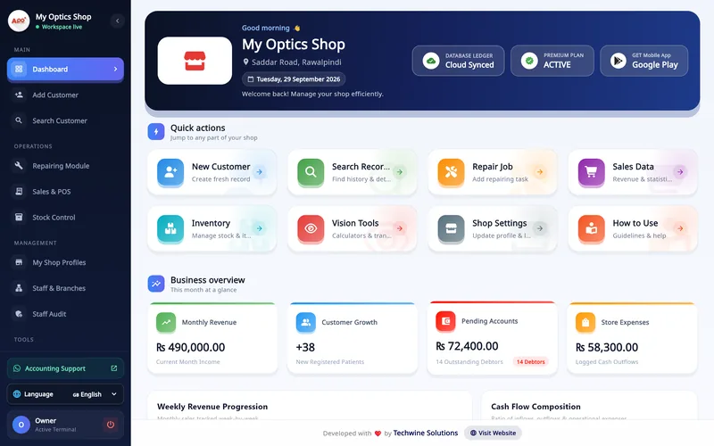 Asaan Optics optical store management software for Windows: dashboard with quick actions, monthly revenue, new customers, pending accounts and store expenses