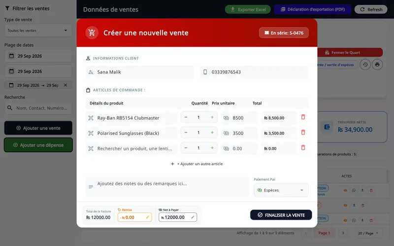 Asaan Optics, caisse pour opticien sous Windows : Create New Sale avec une monture Ray-Ban RB5154 et des solaires polarisées, paiement en espèces, net à payer Rs 12000