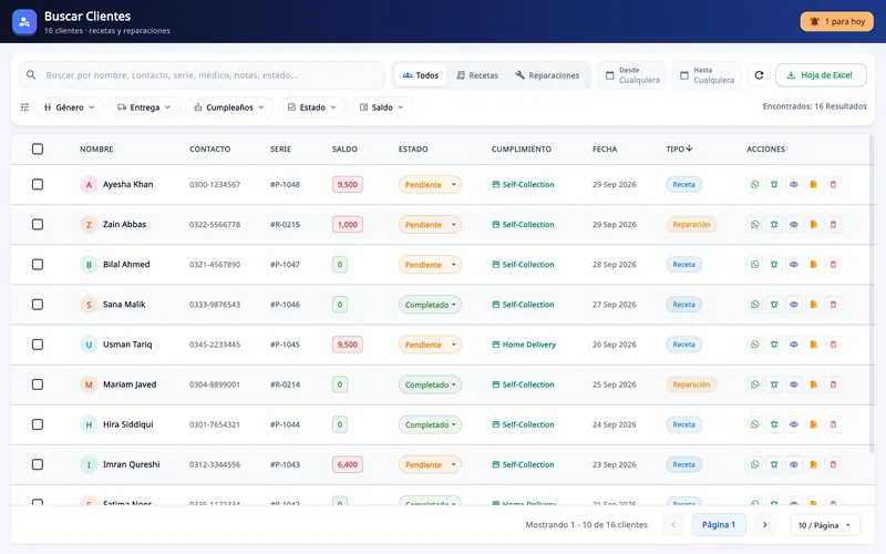 Asaan Optics Desktop, fichas de clientes: Search Customers con filtros y lista de pedidos de gafas y reparaciones con saldo, estado, forma de entrega y WhatsApp
