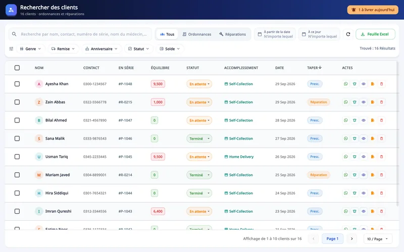 Asaan Optics Desktop, fichier clients : Search Customers avec filtres et liste des commandes de lunettes et réparations, solde, statut, mode de retrait et WhatsApp