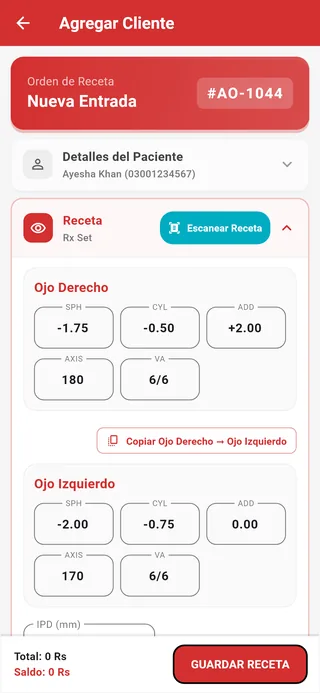 Asaan Optics en el móvil: registro de la receta de gafas con Scan Prescription, ojo derecho SPH -1.75 CYL -0.50 AXIS 180 ADD +2.00, ojo izquierdo SPH -2.00 CYL -0.75 AXIS 170