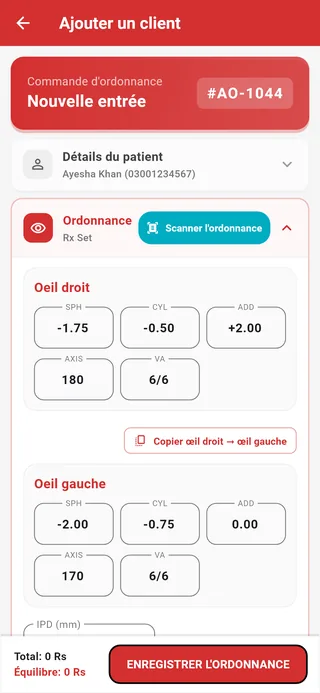 Asaan Optics sur mobile : saisie de l’ordonnance de lunettes avec Scan Prescription, œil droit SPH -1.75 CYL -0.50 AXIS 180 ADD +2.00, œil gauche SPH -2.00 CYL -0.75 AXIS 170