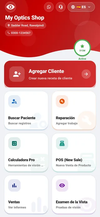 Asaan Optics, app Android para ópticas: pantalla de inicio con Add Customer, Search Patient, Repairing, Pro Calculator, POS (New Sale), Sales y Eye Screening