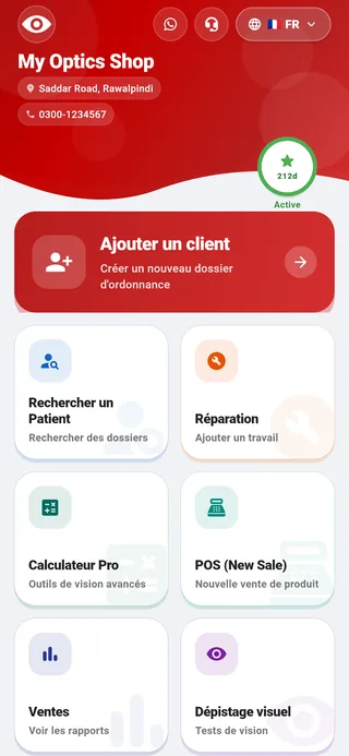 Asaan Optics, application Android pour opticiens : écran d’accueil avec Add Customer, Search Patient, Repairing, Pro Calculator, POS (New Sale), Sales et Eye Screening