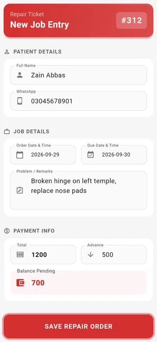 Asaan Optics eyeglass repair ticket on Android: broken hinge and nose pads for Zain Abbas, order and due dates, total 1200, advance 500, balance 700