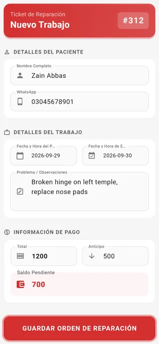Asaan Optics en Android: ticket de reparación de gafas para Zain Abbas (bisagra rota y plaquetas), fechas de entrada y entrega, total 1200, anticipo 500, saldo 700