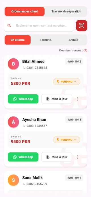 Asaan Optics sur Android : recherche patient avec les commandes de lunettes en attente de Bilal Ahmed et Ayesha Khan, le solde dû en PKR et les boutons WhatsApp