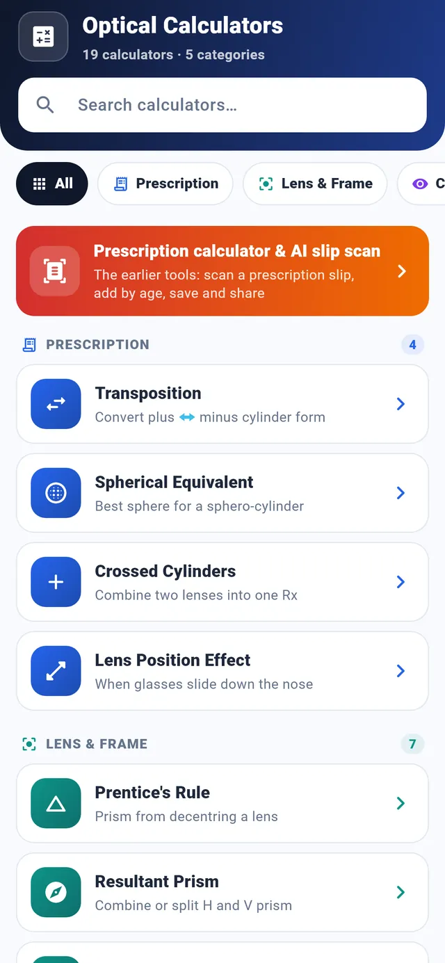 Asaan Optics, application de calculateurs optiques : 19 calculateurs en 5 catégories, dont transposition, équivalent sphérique, cylindres croisés et règle de Prentice
