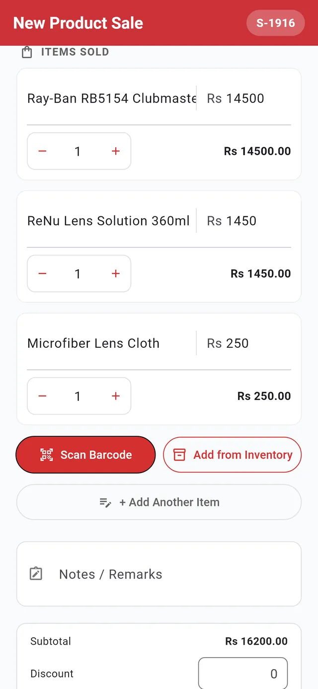 Asaan Optics, caisse mobile pour opticiens : New Product Sale avec monture Ray-Ban, solution ReNu et chiffonnette, Scan Barcode et Add from Inventory