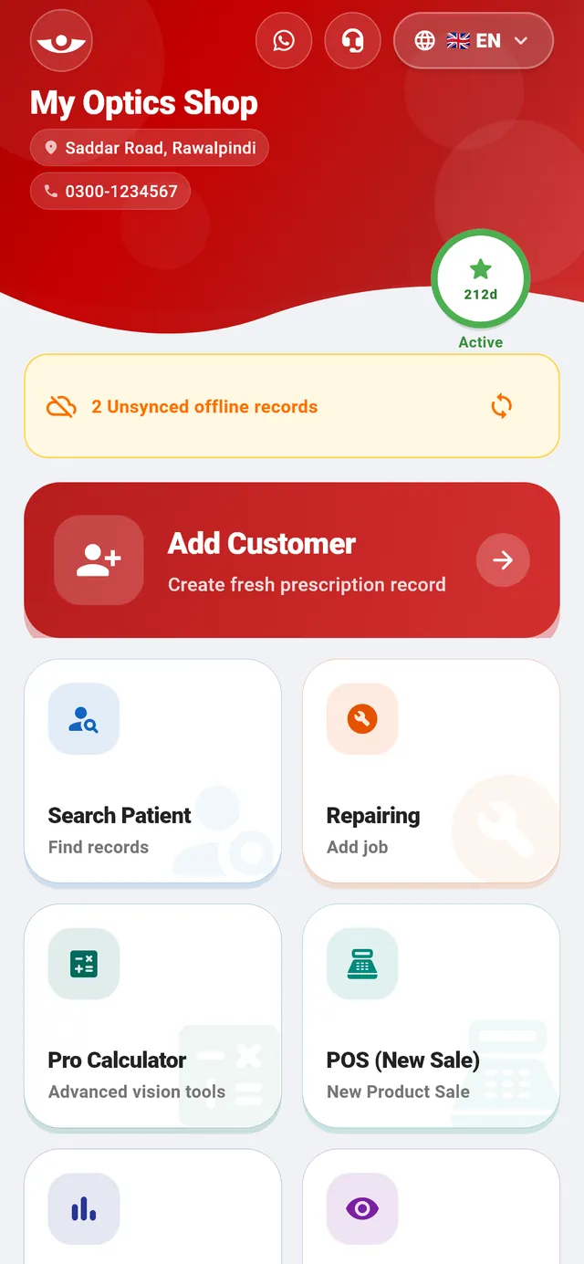 Asaan Optics, mode hors ligne sur Android : bandeau 2 Unsynced offline records avec bouton de synchronisation sur l’écran d’accueil, au-dessus d’Add Customer