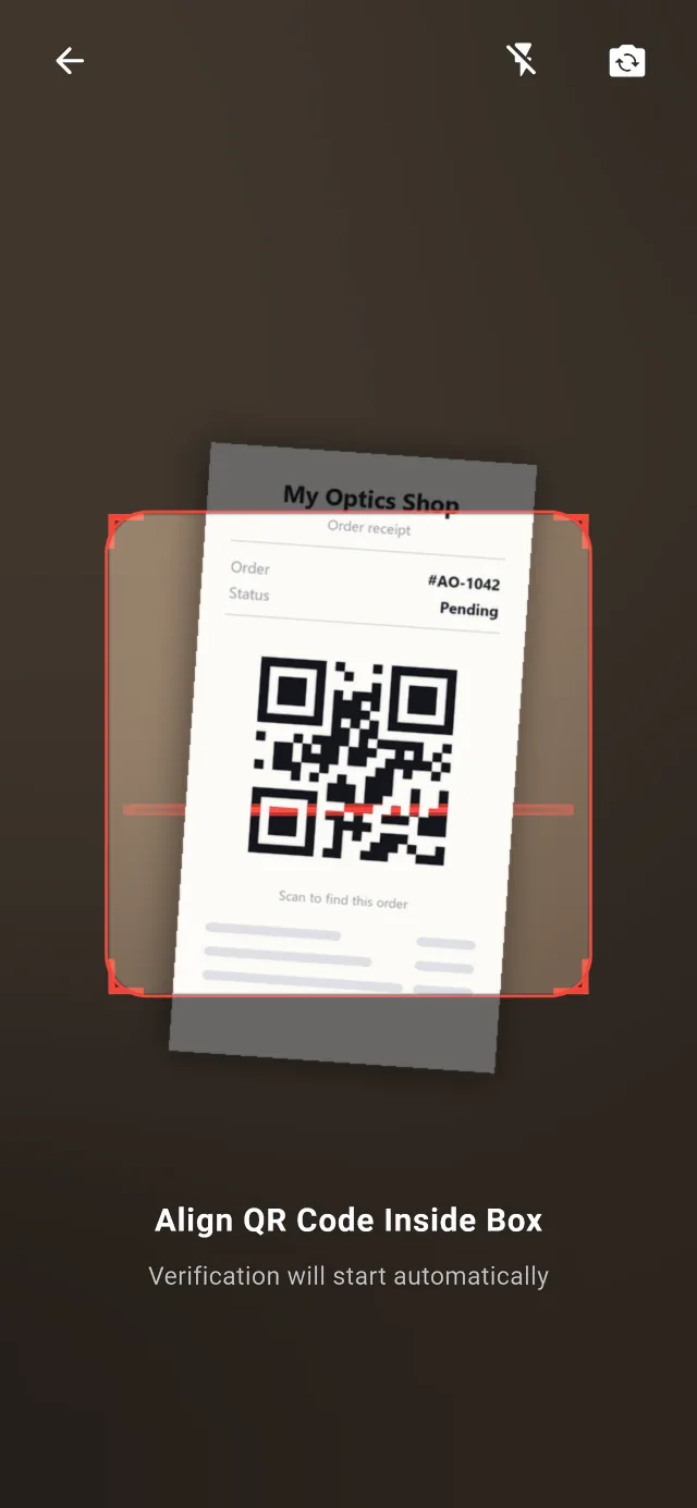 Asaan Optics, lecteur QR des reçus sur Android : viseur de l’appareil photo avec Align QR Code Inside Box pour ouvrir la commande du client