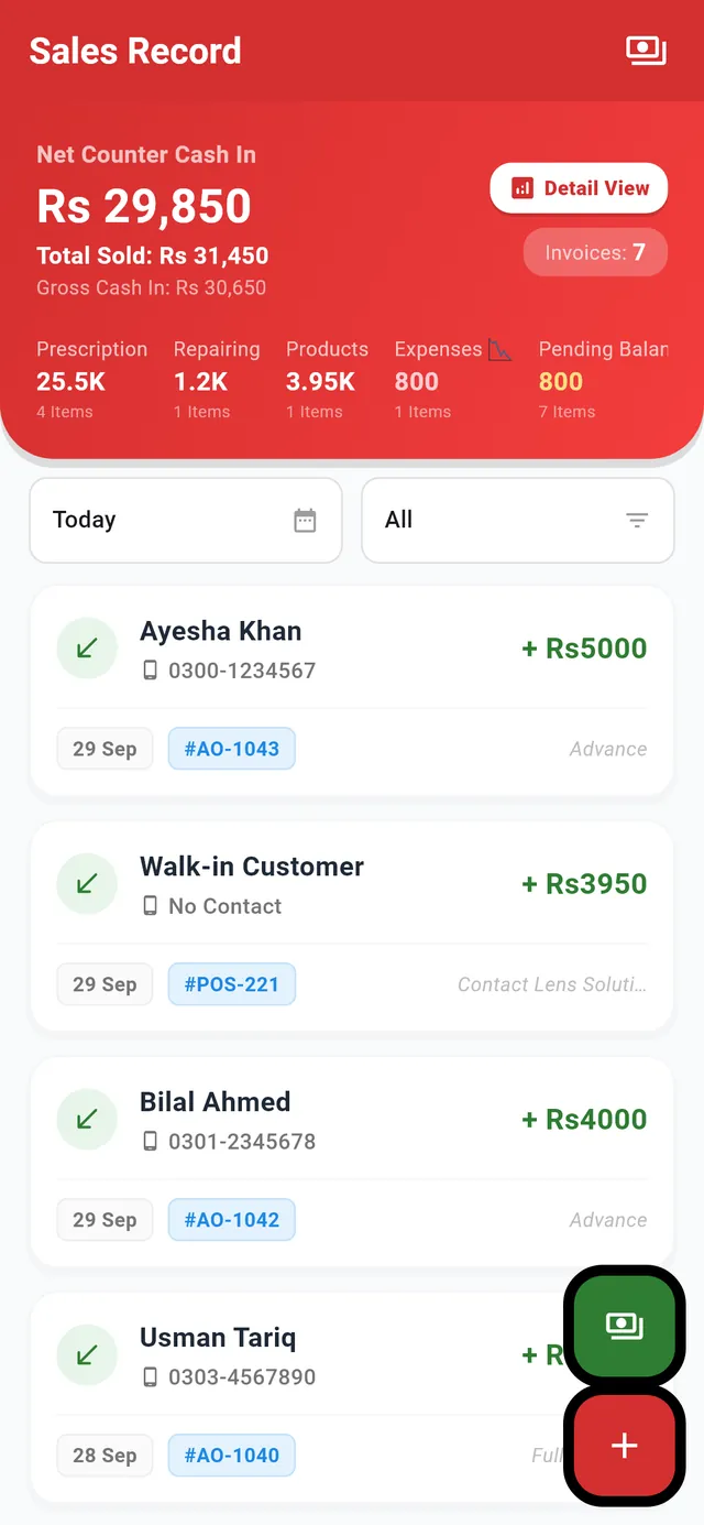 Asaan Optics, ventes du jour sur Android : Sales Record avec caisse nette de Rs 29,850 entre ordonnances, réparations, produits et dépenses, et les encaissements du jour