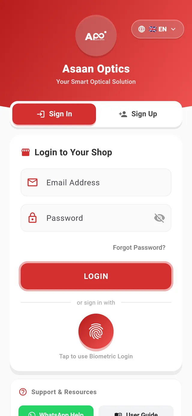 Asaan Optics, connexion à l’application : Login to Your Shop avec e-mail et mot de passe, et le bouton d’empreinte Tap to use Biometric Login