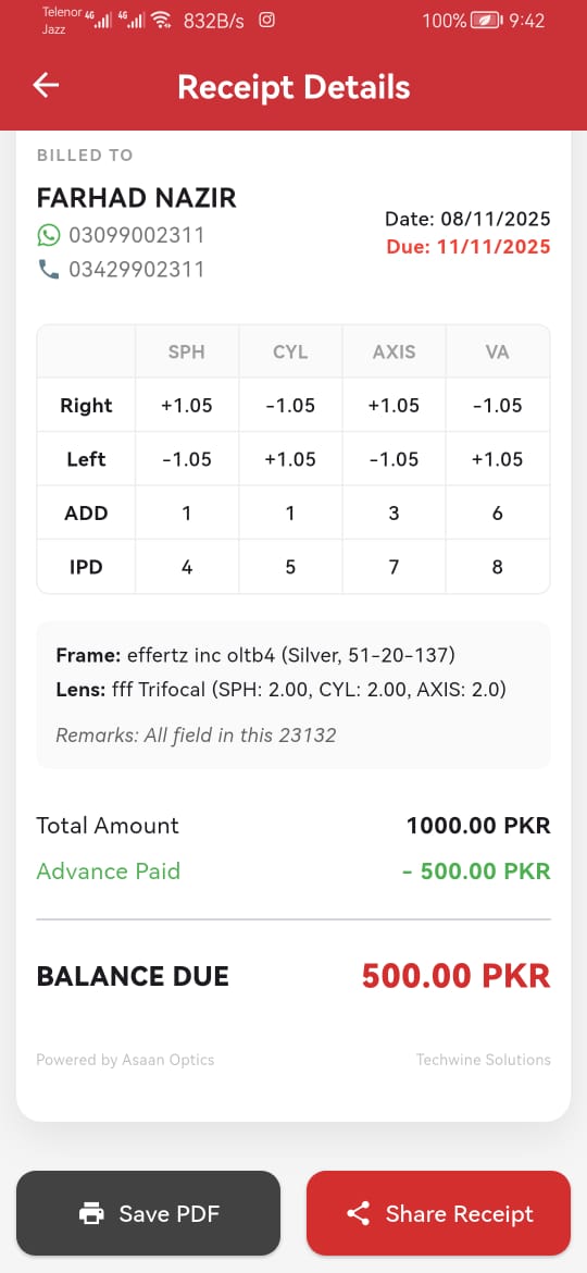 A digital WhatsApp receipt sent to a customer via Asaan Optics app showing frame and lens details.