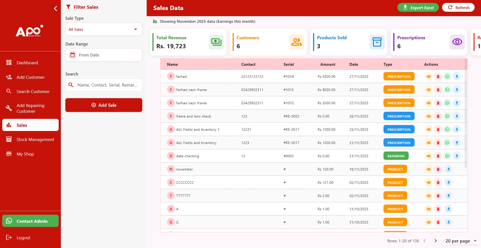 Asaan Optics Desktop Pro Sales Dashboard - Best Optical Shop Billing Software Pakistan