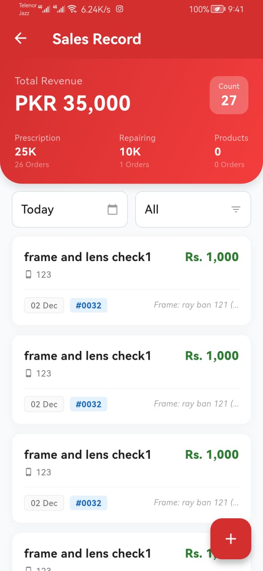 Asaan Optics mobile dashboard